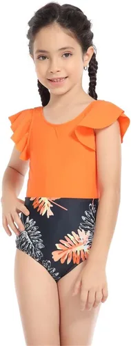 Miniatura 3 de Trajes de baño de una pieza para adolescentes y niñas, con volantes en el pecho, para niñas, adolescentes y niñas (color naranja, 5-6 años)