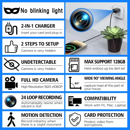 Miniatura 7 de Minicámara 1080P, Cámara de Seguridad Pequeña para Niñera con Visión Nocturna y Detección de Movimiento para Interior y Hogar, Sin WiFi (32G)