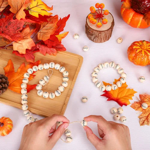 Miniatura 4 de Whaline 100 cuentas de madera de Acción de Gracias, cuentas rústicas de granja, cuentas redondas de madera natural para otoño, manualidades
