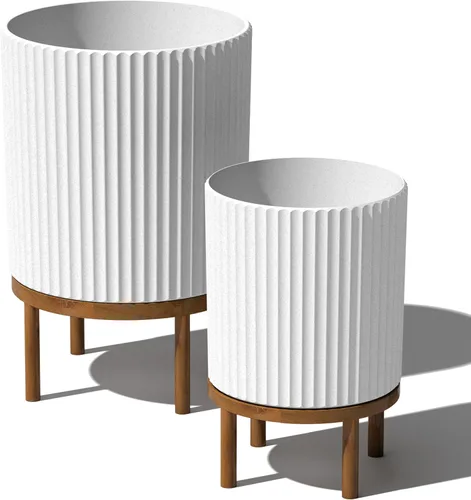Miniatura 9 de Veradek Demi Series - Maceta redonda con soporte para porche o patio, compuesto de piedra de plástico duradero y soporte de madera, decoración