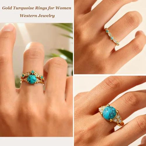 Miniatura 4 de Anillos gruesos dorados y turquesas apilables para mujeres, anillos para nudillos para el pulgar para mujer, diamantes de imitación vintage, joyería