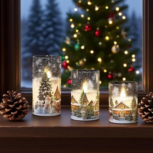 Miniatura 5 de Velas de cristal sin llama de casa de muñeco de nieve a pilas, con control remoto y temporizador; velas LED parpadeantes de cera real, luz blanca