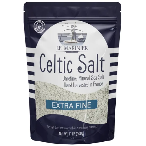 Le Marinier Sal celta orgánica extra fina, 1.1 lb - 18oz. Rica en minerales 100% natural y sin refinar. Sal marina francesa con más de 82 minerales