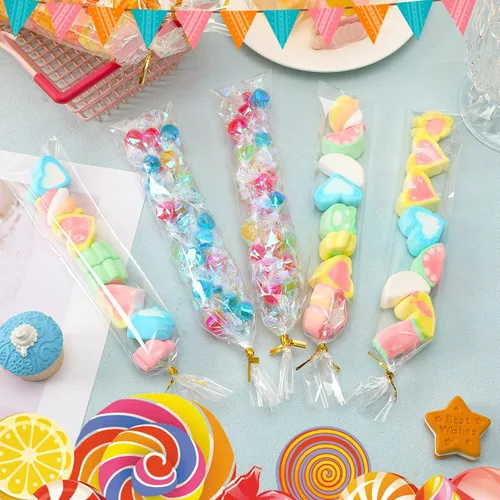 Miniatura 7 de Augshy Bolsas para barra de pretzel, 300 unidades, 2 x 10 bolsas de pretzel, bolsa individual transparente con lazos para piruletas, dulces