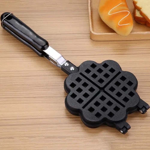 Miniatura 6 de HERCHR Molde para hacer gofres, de hierro fundido en forma de corazón, para panqueques, antiadherente, doble cara, molde para gofres con mango largo