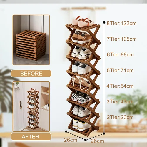 Miniatura 2 de Comeon Zapatero de bambú, zapatero vertical plegable para puerta delantera, entrada, organizador estrecho de zapatos, estante pequeño para zapatos
