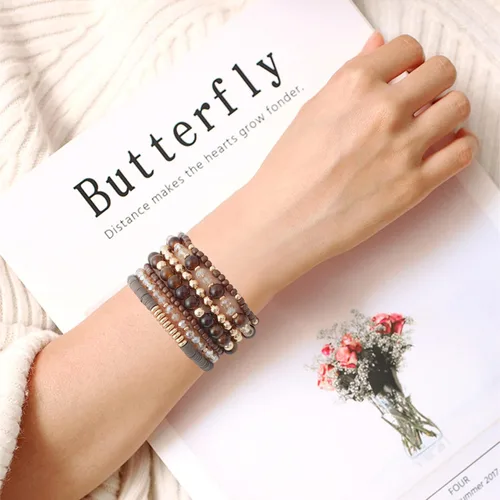 Miniatura 4 de GOOJIDS - Pulseras de cuentas de arcilla estilo heliosis surfista para mujer, con discos de vinilo y dije de mal de ojo, apilables, pulseras