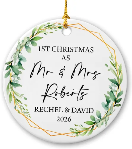 Adorno de 1ª Navidad como el señor y la señora 2025, adorno de cerámica casado nuestra primera Navidad, adorno personalizado de Mr & Mrs para Adorno