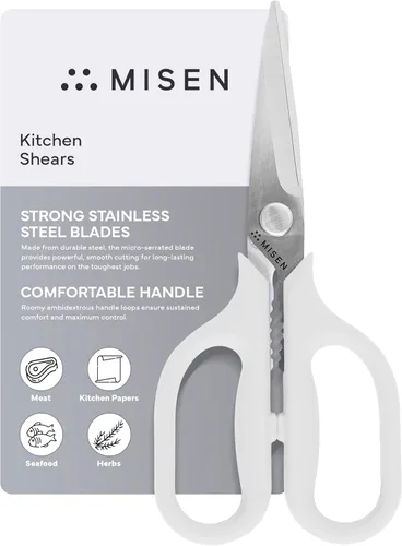 Miniatura 16 de Misen Tijeras de cocina resistentes, acero inoxidable, tijeras versátiles y fáciles de limpiar para carne, hierbas y verduras, mango ambidiestro Rojo