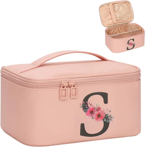 Miniatura 36 de OCHEAL Bolsa de maquillaje personalizada, bolsa de maquillaje beige para mujer, kit de aseo de viaje con monograma, organizador de cosméticos listo