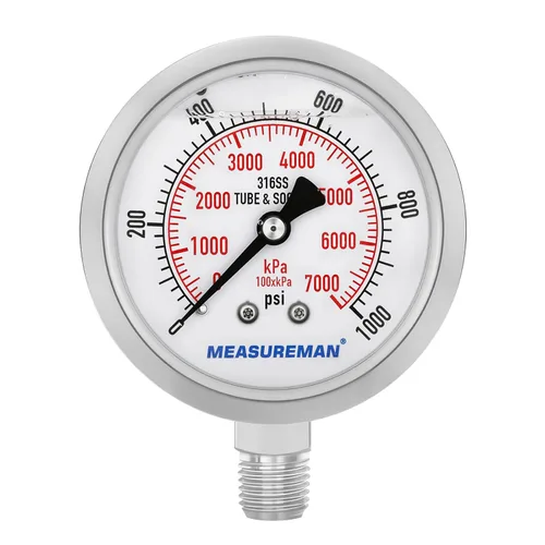 Miniatura 31 de MEASUREMAN - Manómetro de presión 1/4 NPT, manómetro de presión lleno de glicerina 0-100psi/kPa con esfera de 2.5 pulgadas y caja de acero