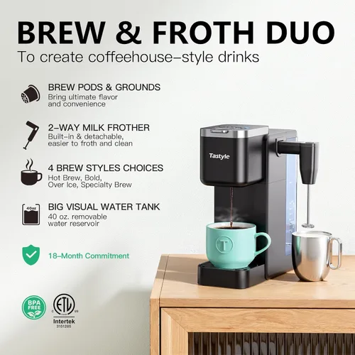 Miniatura 2 de Tastyle Cafetera de una sola porción con espumador de leche desmontable integrado, máquina de café helado y caliente para cápsulas K y café molido