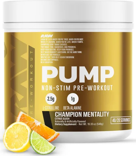 RAW Pump sin estimulantes para preentrenamiento (Mentalidad de Campeón) - Suplemento en polvo con impulsor de óxido nítrico sin estimulantes -