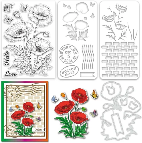 ORIGACH Sellos realistas de flores de amapola de maíz y troqueles y capas para colorear paquete para hacer tarjetas, álbumes, suministros de