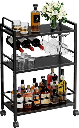 Miniatura 10 de Carrito de Servicio para Bar Doméstico, Carrito de Servicio con Ruedas y Mango, Carrito de Cocina Rodante de 3 Niveles, Carrito para Microondas