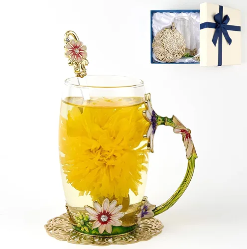Miniatura 20 de Taza de té con flores, taza de café de vidrio transparente elegante con cuchara, caja de regalo para ella, mamá, esposa, abuela, niñas, amigas, idea