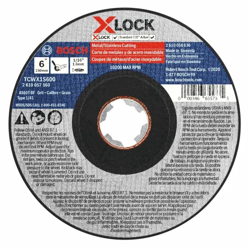 BOSCH TCWX1S600 6 In. x 1/16 In. X-LOCK Rueda abrasiva de corte rápido de metal/inoxidable 60 Grit compatible con eje de 7/8 pulgadas tipo 1A (ISO