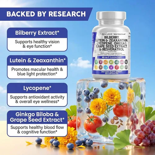 Miniatura 3 de Vitaminas oculares Clean Nutra con Bilberry, Luteína y Zeaxantina, Suplementos de Licopeno 40mg, Resveratrol, Semilla de Uva, Astaxantina