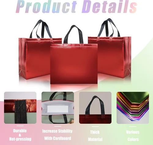 Miniatura 2 de cabzymx 15 bolsas de regalo reutilizables de color rojo brillante con asas, 12.6 x 4.7 x 11 pulgadas, bolsas de fiesta con base resistente, bolsa