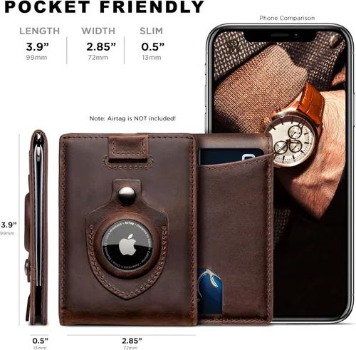 Miniatura 78 de SERMAN BRANDS - Billetera sencilla de cuero genuino con bloqueo RFID para hombre, billetera delgada con bolsillo frontal y clip para dinero