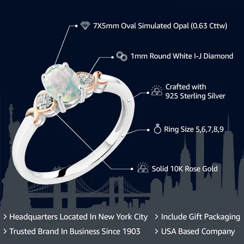 Miniatura 64 de Gem Stone King Anillo de compromiso de plata de ley 925 y oro rosa de 10 quilates, piedra preciosa ovalada de 0.276 x 0.197 in, con acento