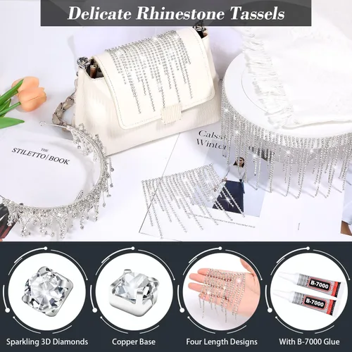 Miniatura 4 de ROADPLUM Flecos de diamantes de imitación con pegamento, borde de borla de diamantes de imitación, cadena de flecos de cristal de plata brillante