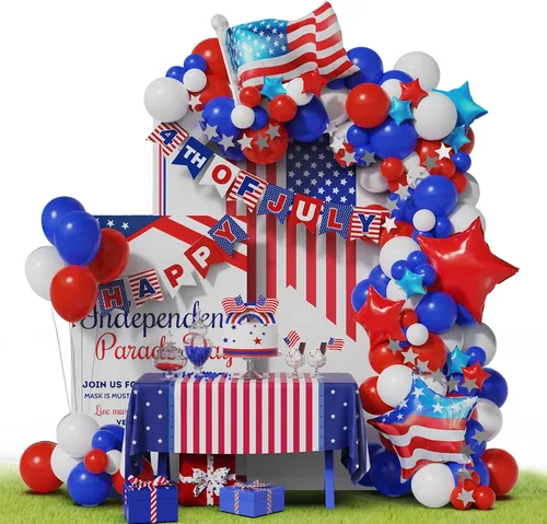 Kit de arco de guirnalda de globos del 4 de julio, 100 globos azul marino, rojo y blanco con pancarta de papel para suministros de fiesta patriótica