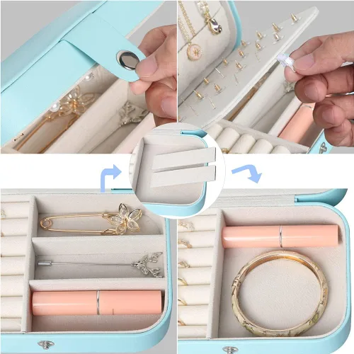 Miniatura 5 de Joyero de viaje pequeñas cajas organizadoras de joyas para mujeres y niñas estuche de viaje de 2 capas mini soporte portátil de almacenamiento