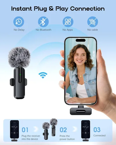 Miniatura 7 de Mini micrófono inalámbrico para iPhone, micrófono Bluetooth Lavalier para grabación de video, paquete de 2 micrófonos de solapa con clip