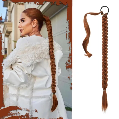 Miniatura 46 de Sofeiyan Extensión de cola de caballo de trenza larga con banda para el cabello, lacio, elegante, envolvente, extensiones de cabello trenzado, cola