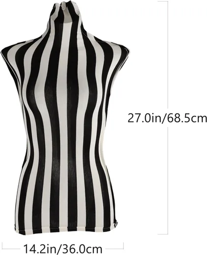 Miniatura 4 de ULTECHNOVO - Maniquí femenino con forma de vestido de medio cuerpo, tela de encaje de algodón a rayas, cubierta de maniquí ajustable para exhibición
