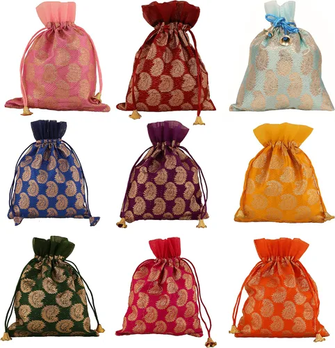 Miniatura 13 de Touchstone Bolsas de cordón tradicionales indias hechas a mano en tejido brocado con patrón de hojas de ficus. Perfecto para regalos, joyas, bodas