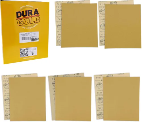 Dura-Gold Papel de lija dorado prémium de 9 x 11 pulgadas, 2 hojas de lijado de grano 320, 80, 120, 150, 220, 10 en total, para carpintería de