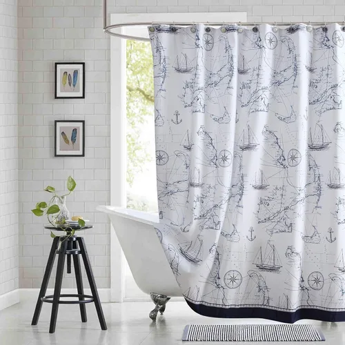 Cortina de ducha náutica, cortina de ducha azul marino y blanca para cubículo de 54 x 72, cortinas de ducha de tela con estampado de ancla y velero