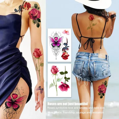 Miniatura 2 de ROARHOWL Impresionantes tatuajes temporales de flores de rosas, tatuajes falsos de rosas grandes para mujer, juego de tatuajes de rosas (rosa 3)