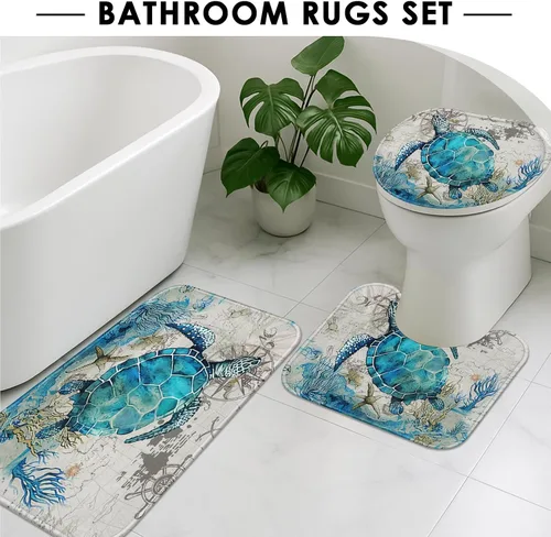 Miniatura 5 de Arttown Juego de baño azul marino con cortina de ducha y accesorios de alfombras, cortinas de ducha azul tortuga y gris, decoración de baño náutica