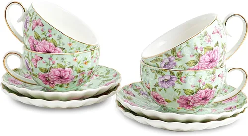 Miniatura 14 de Agyiuns Taza de té y platillos, tazas de té floral de 6.4 onzas con borde dorado, taza de té de porcelana, tazas de café capuchino espresso con Azul