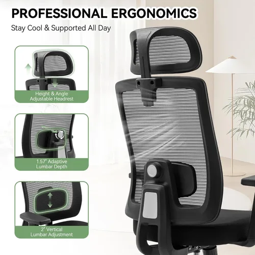 Miniatura 3 de Silla ergonómica de oficina con respaldo alto de malla, silla de escritorio de oficina con soporte lumbar ajustable, sillas de trabajo rodantes