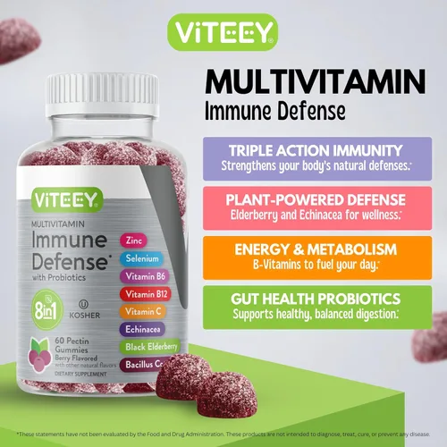 Miniatura 2 de Viteey Gomitas multivitamínicas 8 en 1 Suplemento de apoyo inmunológico con probióticos - Potenciadores inmunológicos para adultos y adolescentes