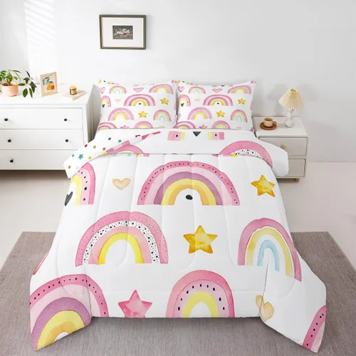 Miniatura 35 de Juego de Edredón de Princesa de Ballet para Niñas Tamaño Individual, Juego de Ropa de Cama de Castillo Arcoíris Kawaii Flores Lindas Mariquita Multi
