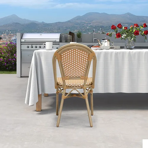 Miniatura 31 de PURPLE LEAF Juego de 1 silla de comedor al aire libre, marco de aluminio francés en acabado de bambú con ratán tejido ámbar y blanco para cocina