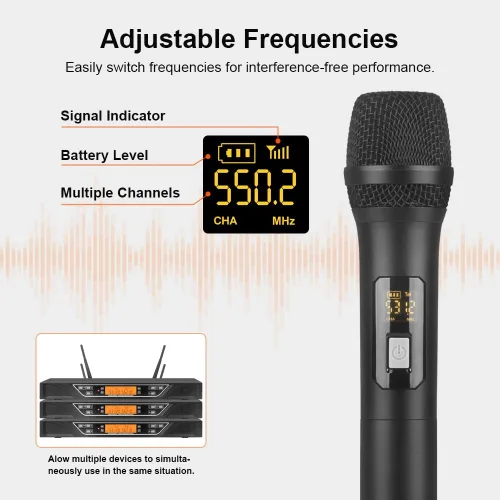 Miniatura 6 de NG-9 UHF Sistema de micrófono inalámbrico dual con 2 micrófonos dinámicos de mano, antiinterferencias de grado profesional, micrófono de dos manos