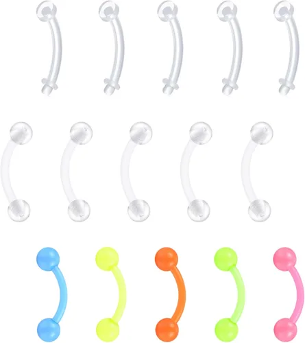 Miniatura 13 de FECTAS Aretes de plástico flexible transparente de 16G y 14G, anillos para cejas, barras curvadas, retenedores para piercing de vientre, 15