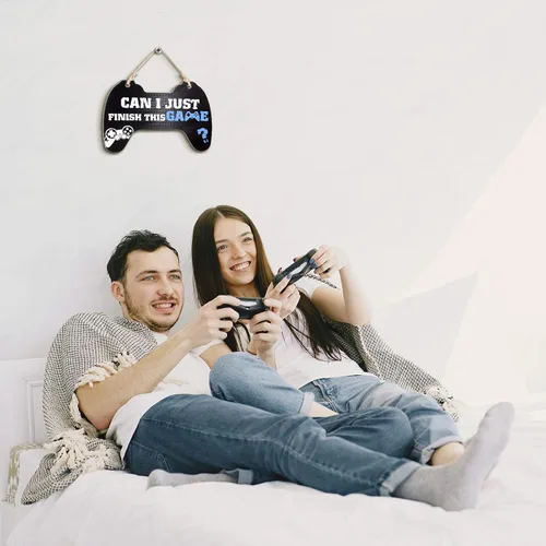 Miniatura 2 de Jetec Cartel de juego para dormitorio, controlador de madera, placa colgante de gamer, cita de juegos, letrero de puerta colgante para niños