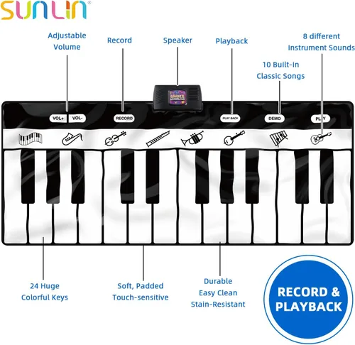 Miniatura 3 de SUNLIN Alfombrilla de piano de 6 pies, tapete de teclado de piso: 24 teclas, 10 demostraciones, 8 sonidos de instrumentos, grabación y reproducción