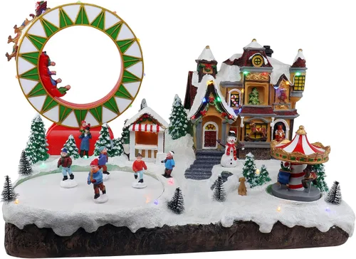 Christmas Village Grand Carnival – Aldea musical animada de nieve preiluminada con patinadores en movimiento, trineo de renos de Papá Noel, tiovivo