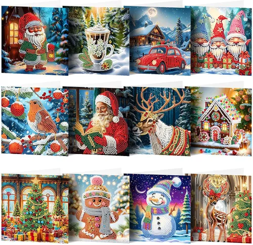 Miniatura 11 de LUSandy Paquete de 12 tarjetas de Navidad con pintura de diamante 5D para adultos, tarjetas de felicitación de arte con diamantes para gatos