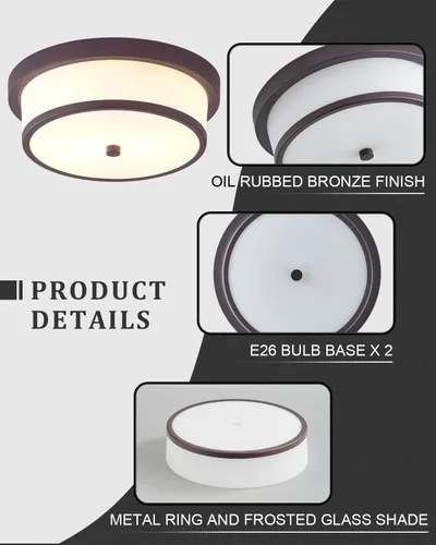 Miniatura 3 de Lámpara de techo empotrada de 12 pulgadas, Luminarias de techo de 2 luces pegadas al techo con acabado de bronce frotado con aceite para baño