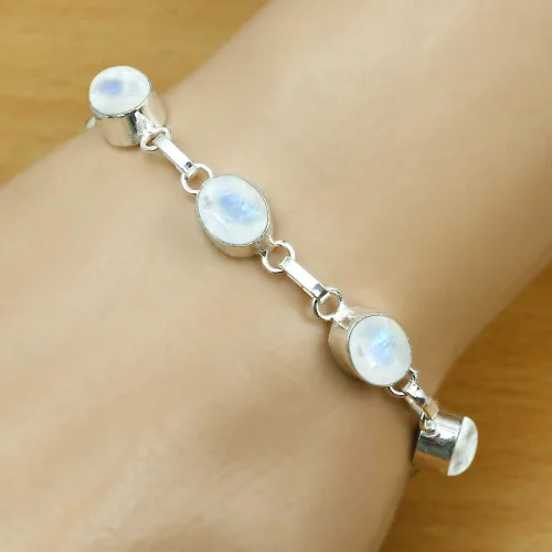 Miniatura 4 de Oval Shape Natural Gemstones Statement Bracelet for Women - 925 Silver Plated Handmade Birthstone Bohemian Vintage Style Women's Jewelry Gifts for