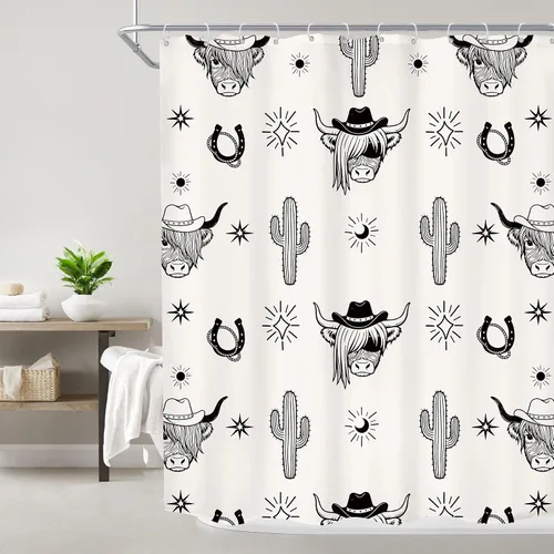 Miniatura 2 de Western Highland Cow Shower Curtain 60Wx72H Inches Farmhouse Southwest Cowboy Cattle Sun and Moon Rustic Cute Animal Beige Cactus Retro Fabric